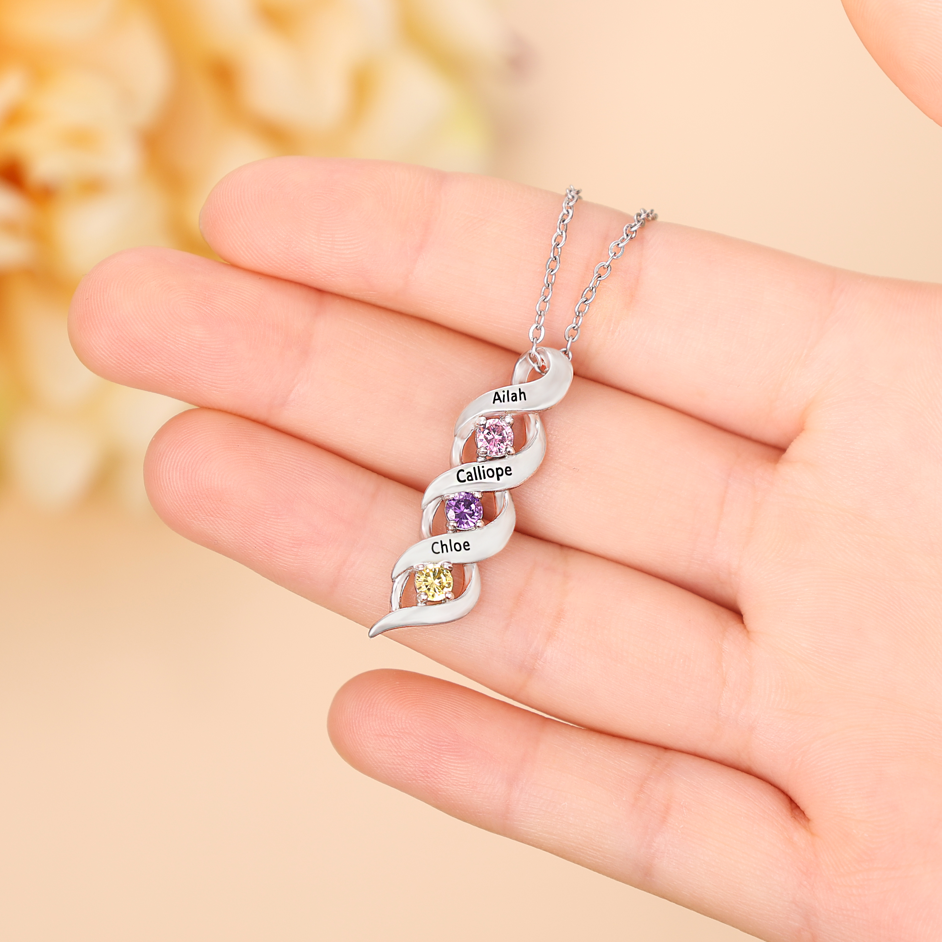 3 Names-Customized Necklace Cascading Pendant with 3 Birthstones Engraving 3 Names Gifts for Her