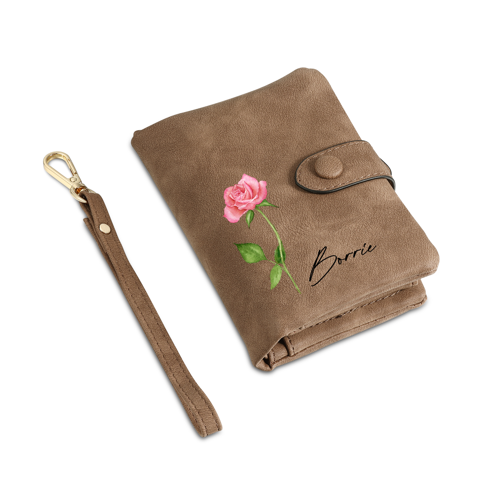 Brown Color Personalized Birthday Flower Leather Wallet Engraving Name Wallet Gifts for Women