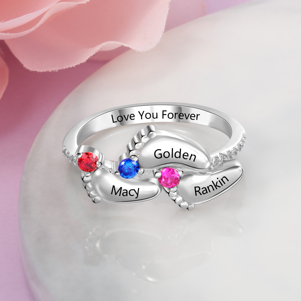 Personalized Baby Foot 925 Sliver Ring With 3 Birthstones Engraved Names Ring Gift For Women