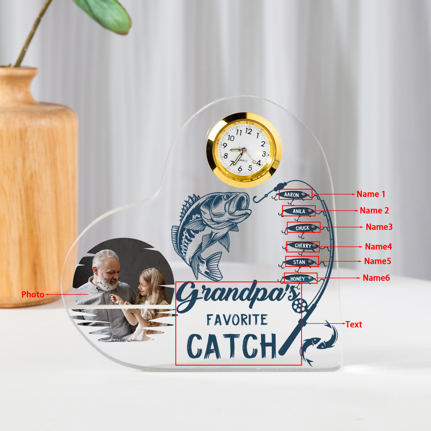 6 Names-Personalized Grandpa Name Acrylic Clock Ornament-Custom Acrylic Fishing Heart Keepsake Desktop for Family