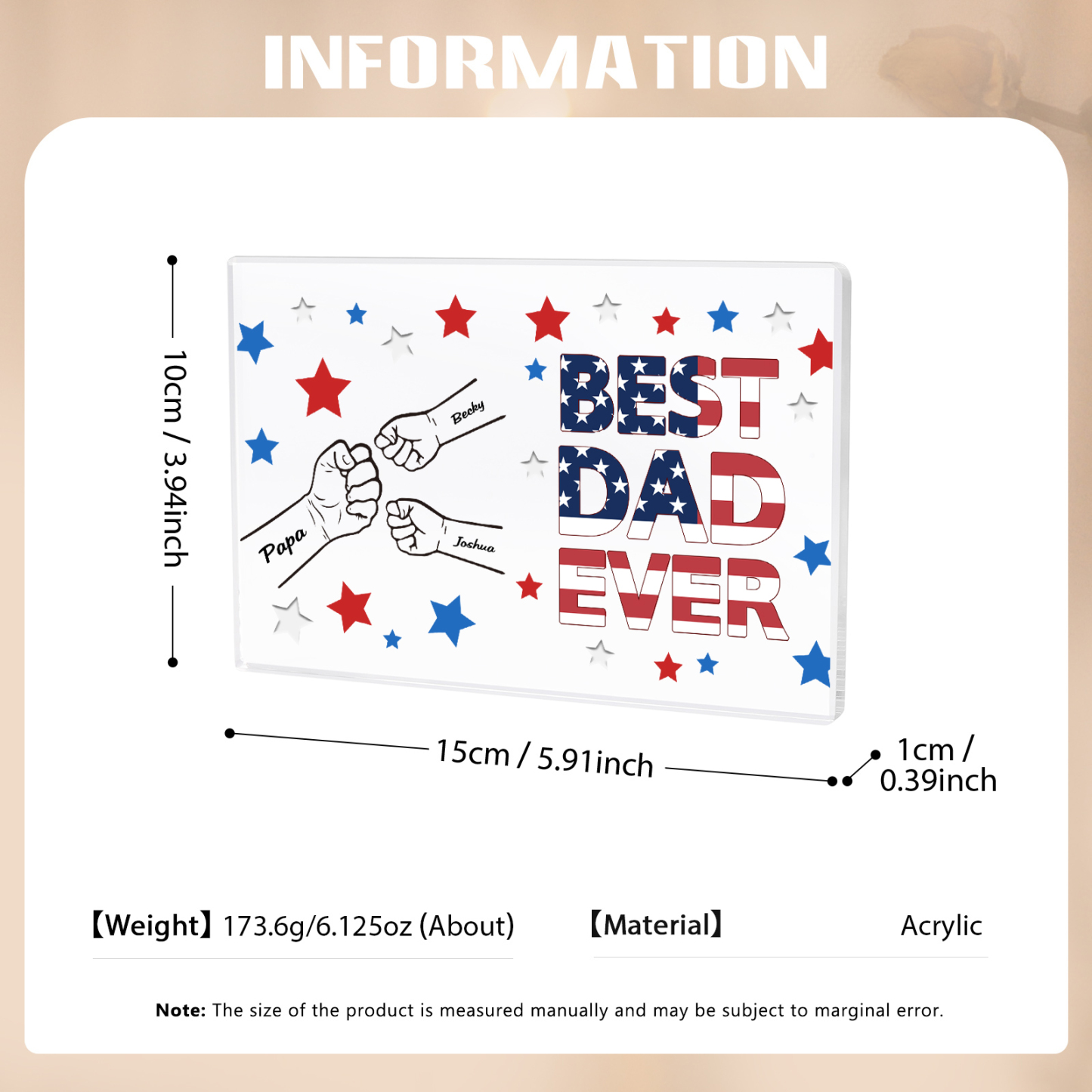 3 Names - Personalized Fist Family Acrylic Keepsake Customized Name Acrylic Home Decor Gift for Dad