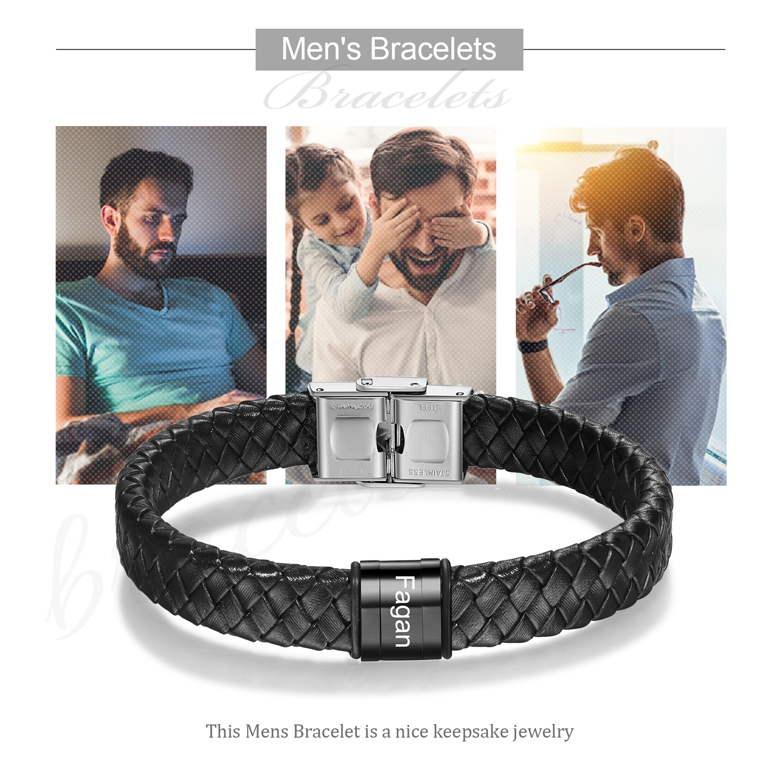 1 Names-Personalized Braided Leather Bracelet Set With Gift Box-Custom Men's Bracelet Engraved 1 Names Gift for Him
