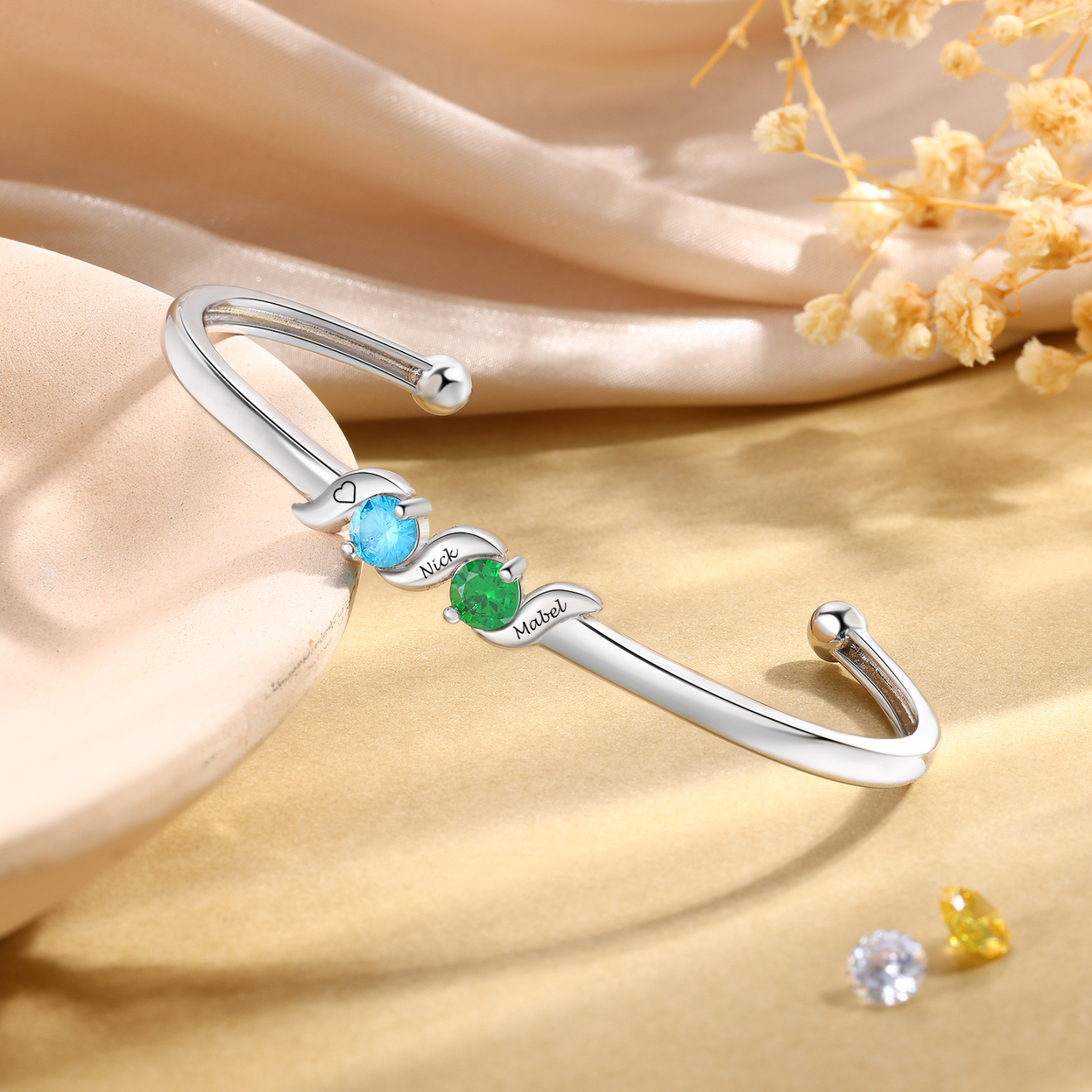 Personalized Women Birthstones Bangle Family Bracelet Customized With 1–5 Names Stones