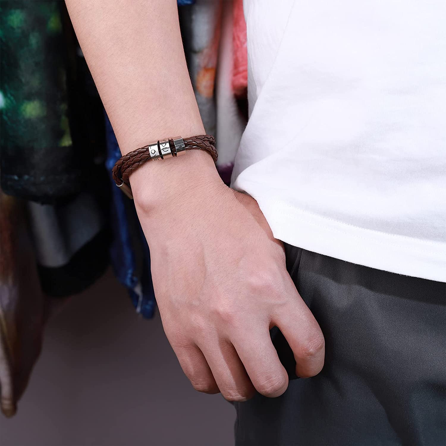 Mens Leather Braided Bracelet With 4 Custom Beads Engarved 4 Names Personalized Bracelet Black