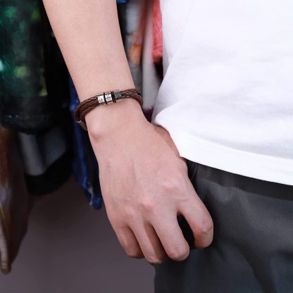Mens Leather Braided Bracelet With 4 Custom Beads Engarved 4 Names Personalized Bracelet Black