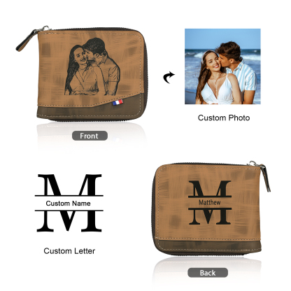 Personalized Name Leather Men's Zipper Wallet With Card Slot Engraved Letter And Photo Gift For Him