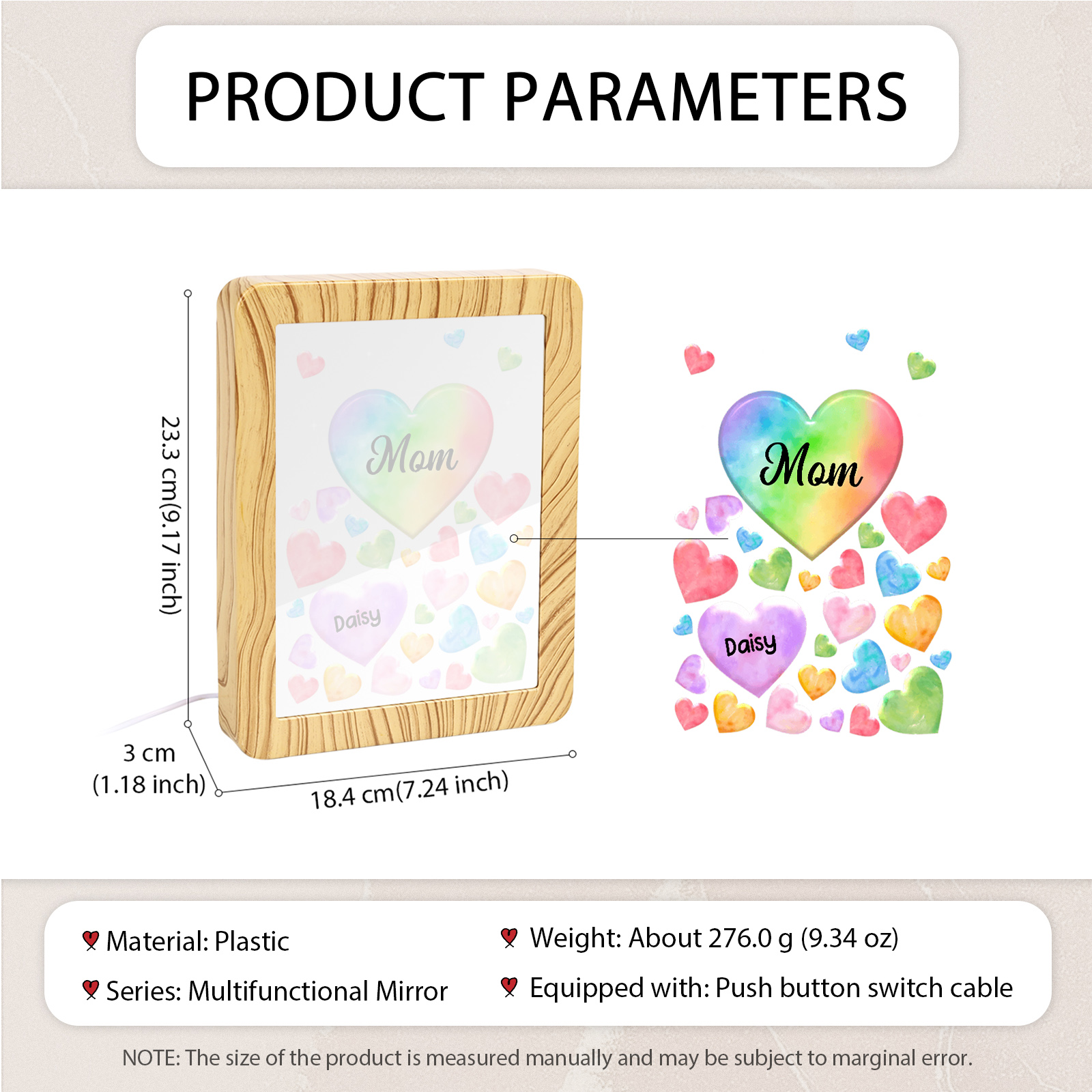 1 Name - Personalized Mom Home Wood Color Plug-in Mirror Photo Frame Custom Text LED Night Light Gift for Mom