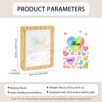 1 Name - Personalized Mom Home Wood Color Plug-in Mirror Photo Frame Custom Text LED Night Light Gift for Mom