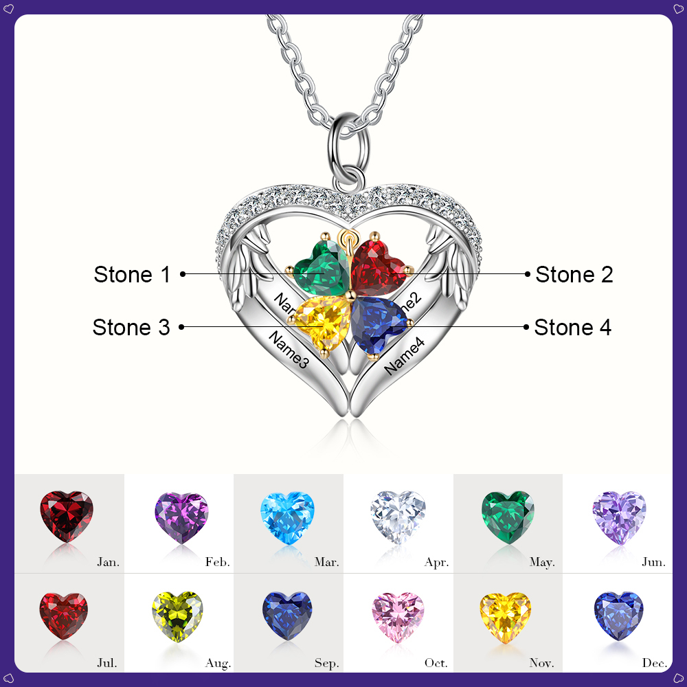 Personalized Wings S925 Silver Necklace With 4 Heart Birthstones Engraved Names Gift For Women