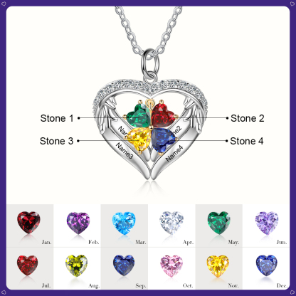 Personalized Wings S925 Silver Necklace With 4 Heart Birthstones Engraved Names Gift For Women
