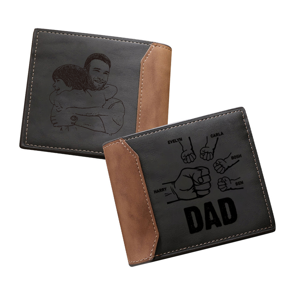 5 Names - Personalized Fist Bump Photo Custom Leather Men's  Wallet wITHas a Father's Day Gift for Dad