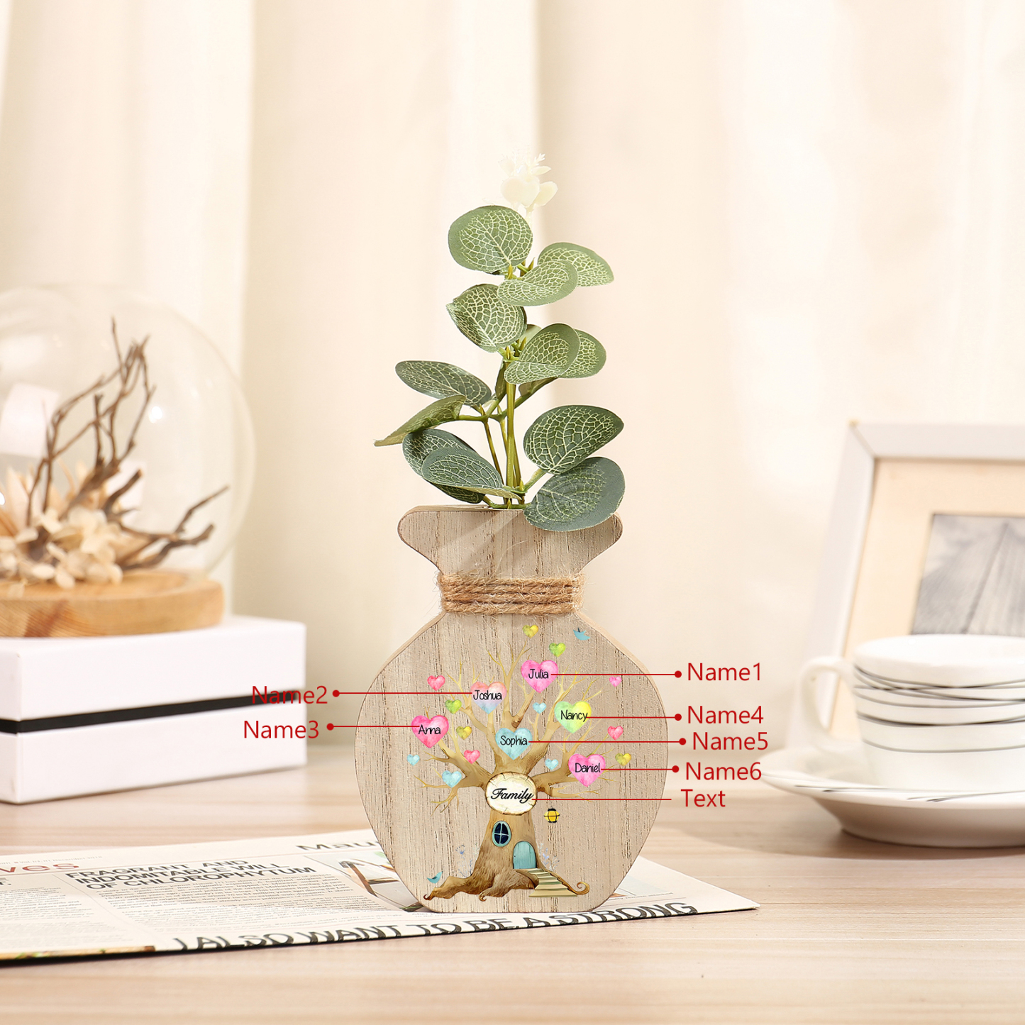 6 Names - Personalized Custom Text and Name Wooden Ornament Vase as A Gift for Family