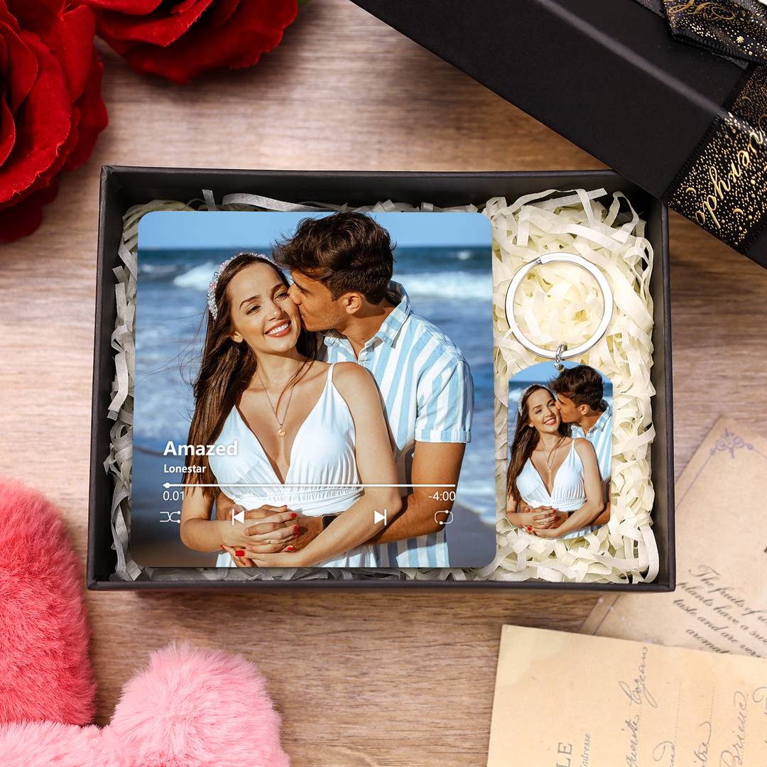 Unique Gift Set – Custom Music Photo Magnet, Engraved Keychain, Valentine’s Day Gift for Him | Jessemade