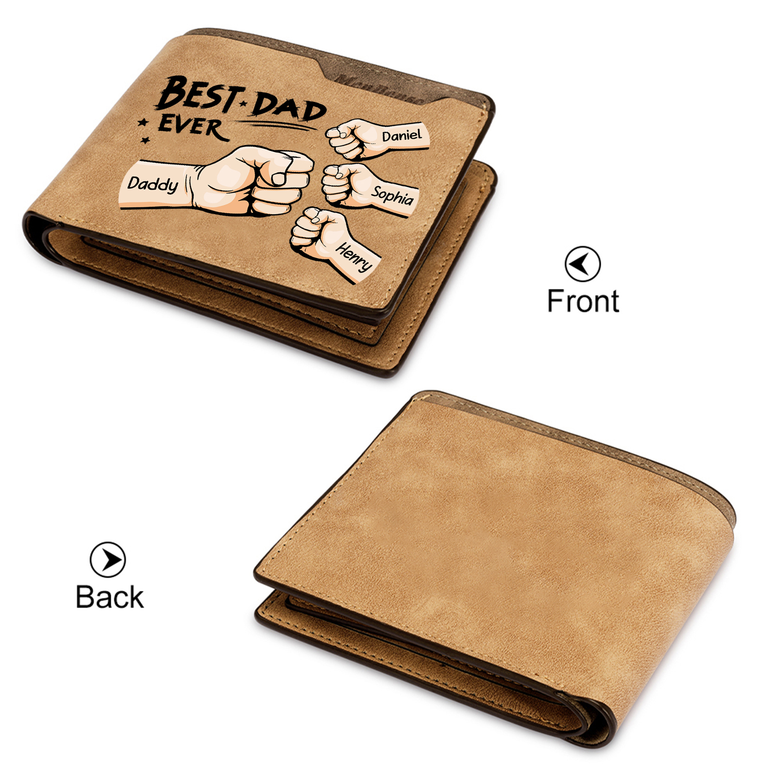 4 Names - Personalized Fist Bump Pattern Custom Text Leather Men's Wallet as a Father's Day Gift for Dad