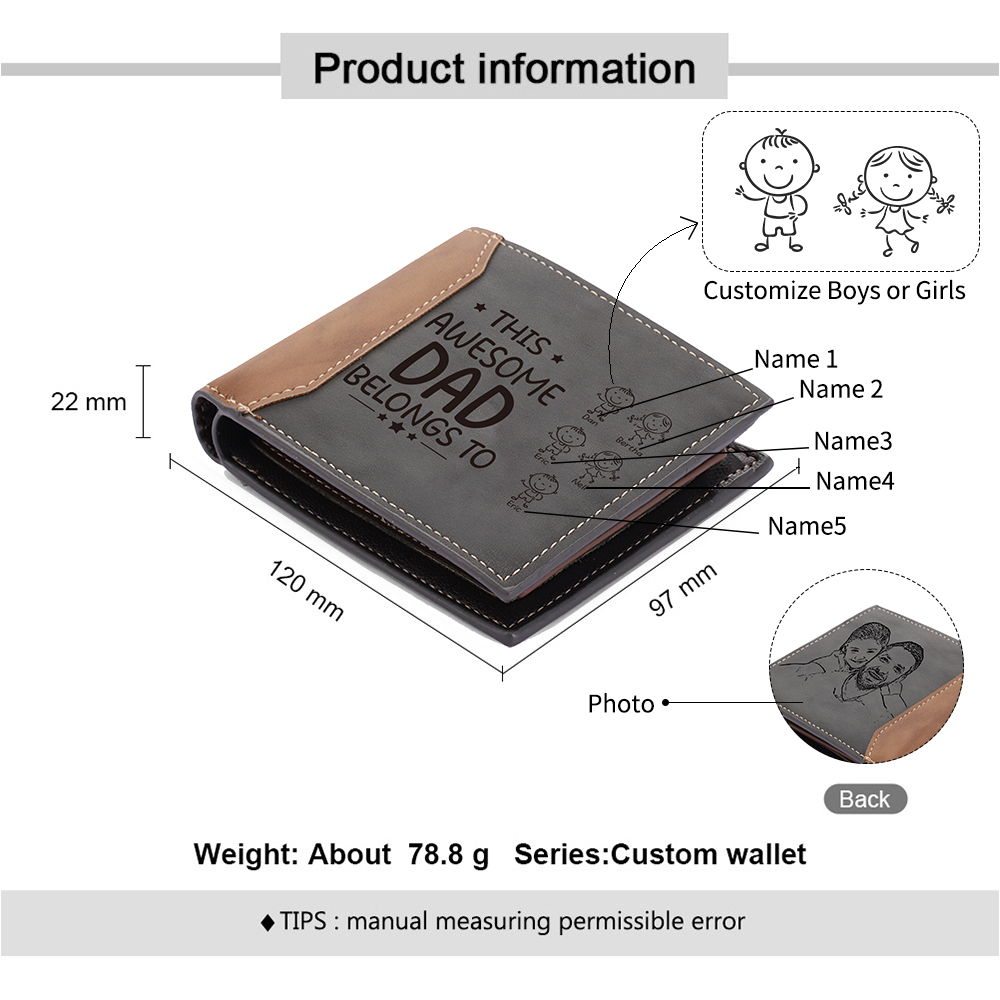 5 Names-Personalized Doll Customized Leather Men's Wallet Customized Name Folding Grey Wallet for Dad