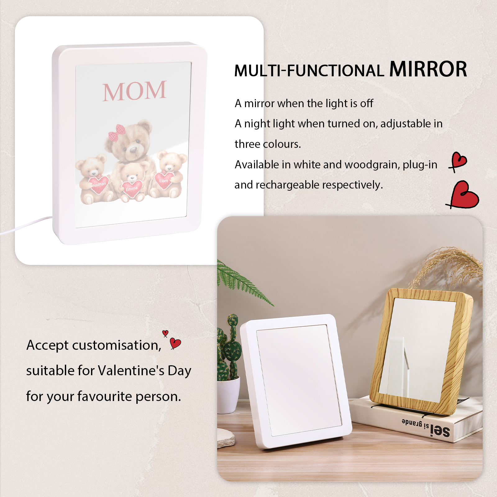 3 Names - Personalized Mom Home Bear Style Custom Text LED Night Light Gift for Mom