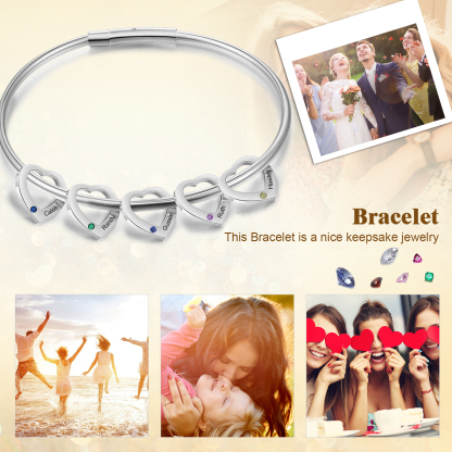 5 Names-Personalized Heart Bracelet With 5 Birthstones Bangle Engraved Names Bracelet Gift For Women