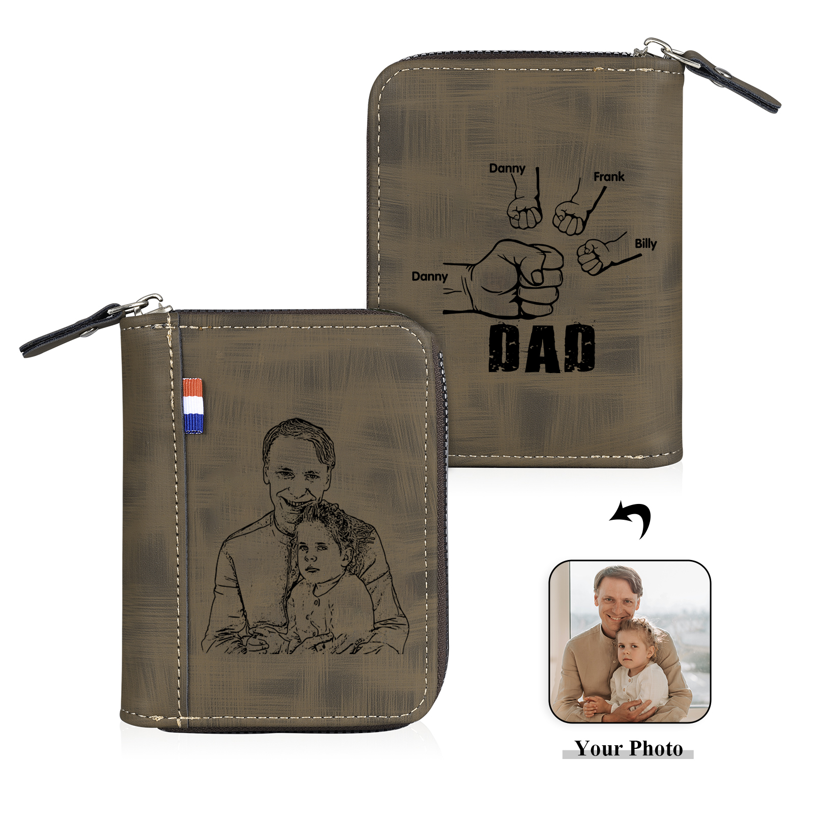Jessemade UK 4 Names - Personalized Photo Text Custom Leather Men's Wallet Custom Name Zipper Wallet for Dad 26.99 m1-t1-n4