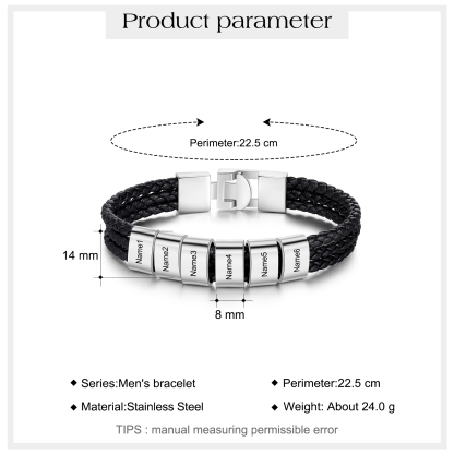 Personalized Braided Leather Bracelet Engraved 6 Names Men's Bracelet Gifts For Him