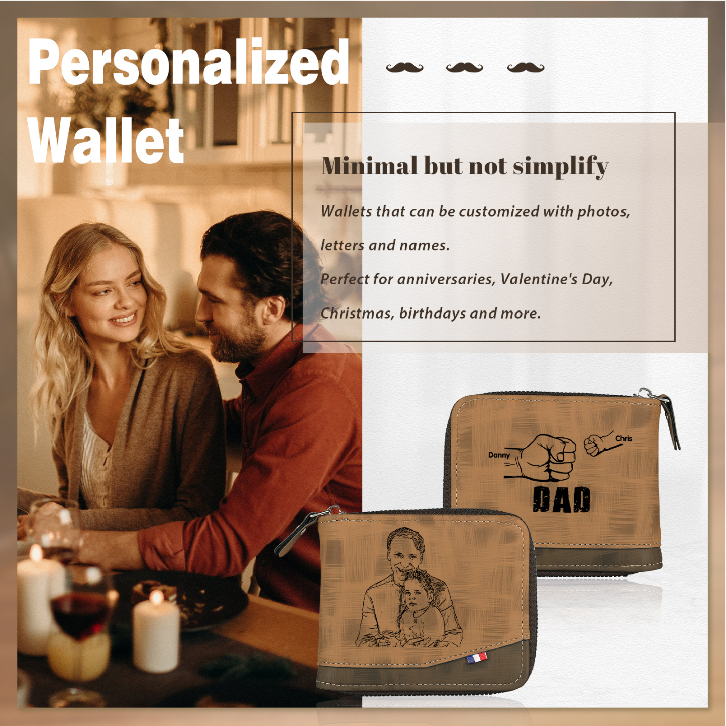 2 Names - Personalized Photo Custom Leather Men's Zipper Wallet as a Father's Day Gift for Dad