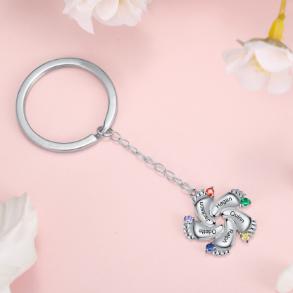 Personalized Baby Feet Keychain With 5 Birthstones Engraved names Keychain Gifts For Mother