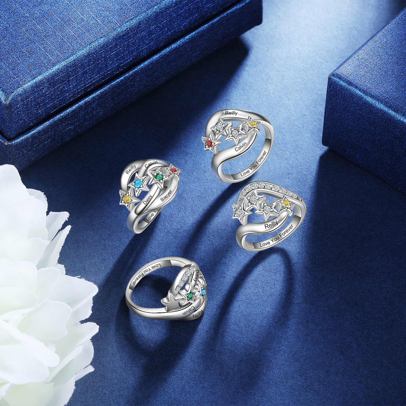 Personalized Star Ring With 1 Birthstone Engraved Names Ring Gift For Women