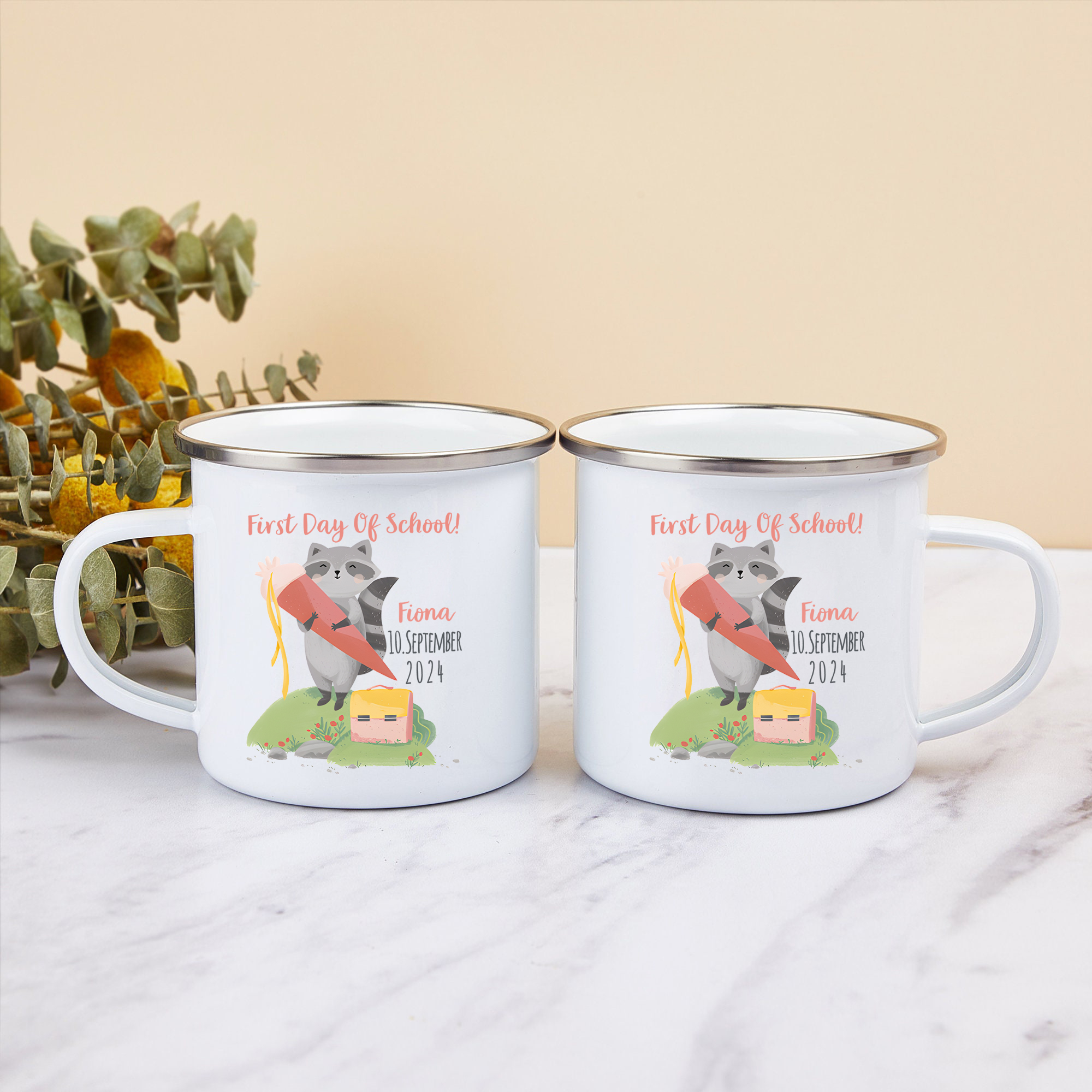Personalized Name And Date Enamel Mug Children'S Raccoon Pattern Back To School Gift For Kid