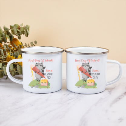 Personalized Name And Date Enamel Mug Children'S Raccoon Pattern Back To School Gift For Kid