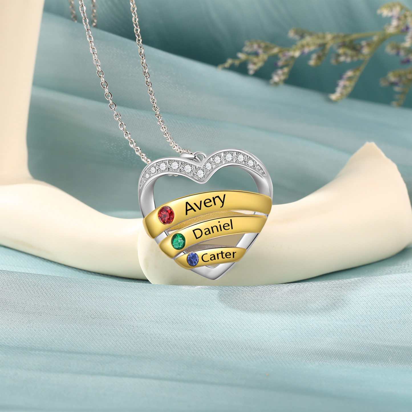 3 Names - Personalized Beautiful Heart Necklace with Custom Name and Birthstone, As a Mother's Day Gift for Mom