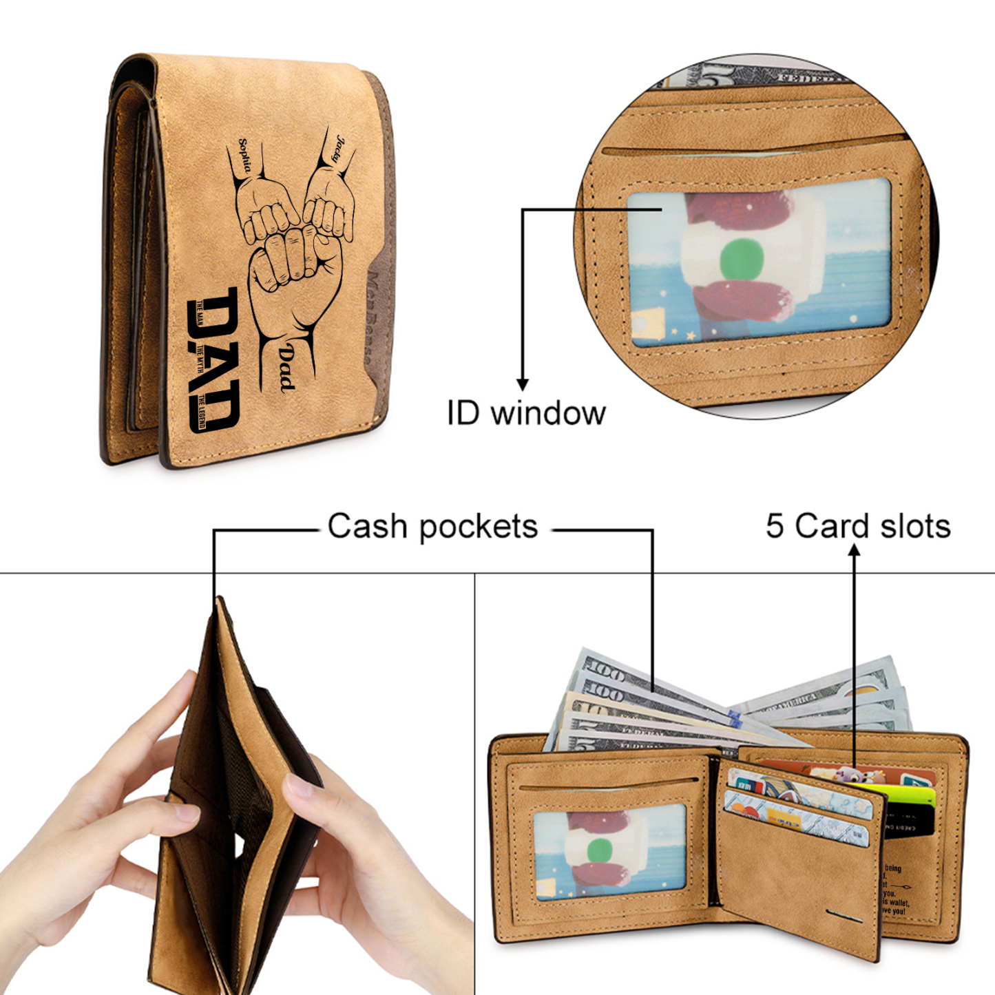 3 Names - Personalized Fist Bump Pattern Custom Name Leather Men's Wallet as a Father's Day Gift for Dad