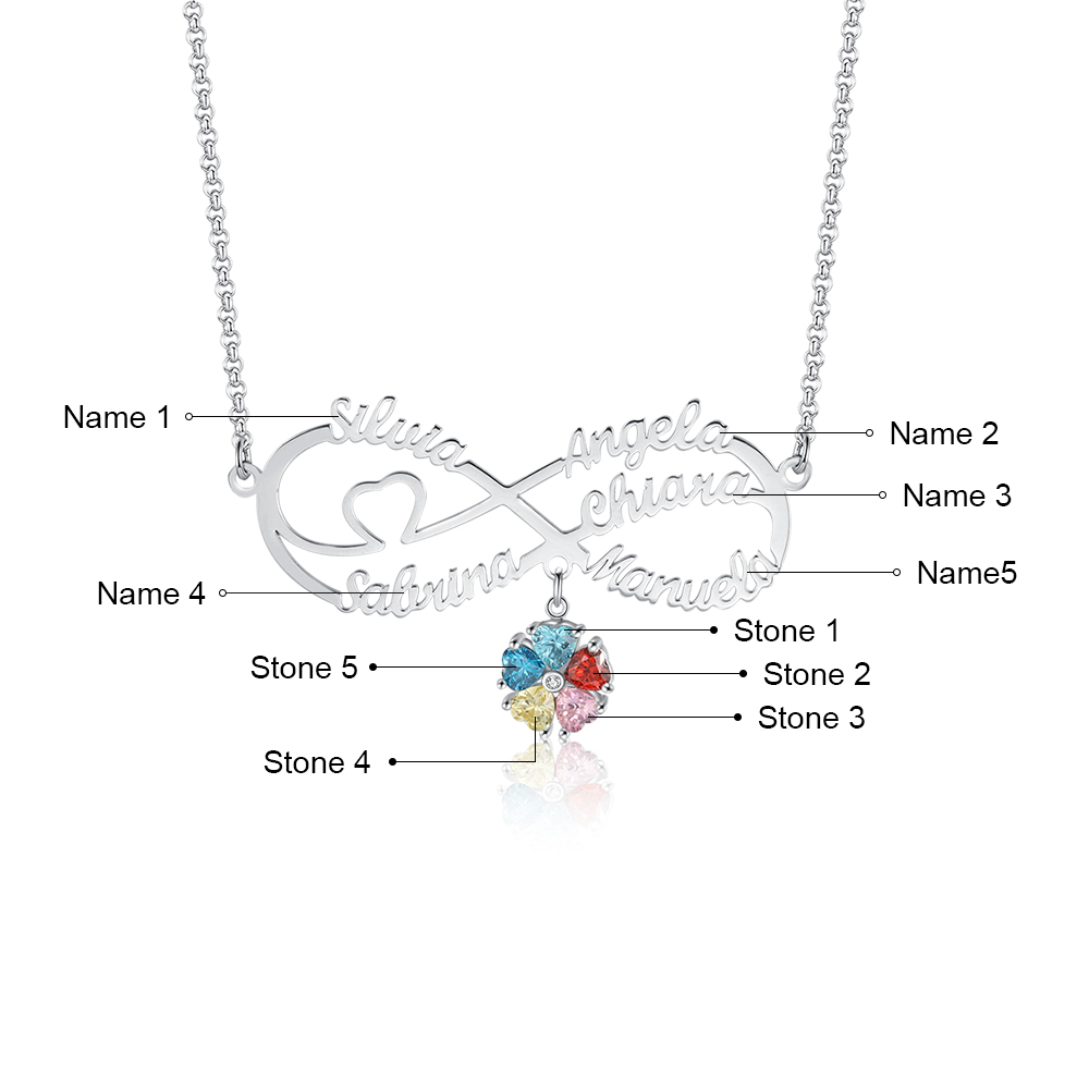 Personalized Infinity Necklace With 6 Birthstones Engraved Names Necklace Gift For Women