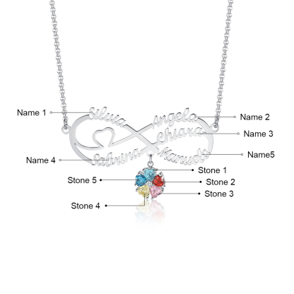 Personalized Infinity Necklace With 6 Birthstones Engraved Names Necklace Gift For Women