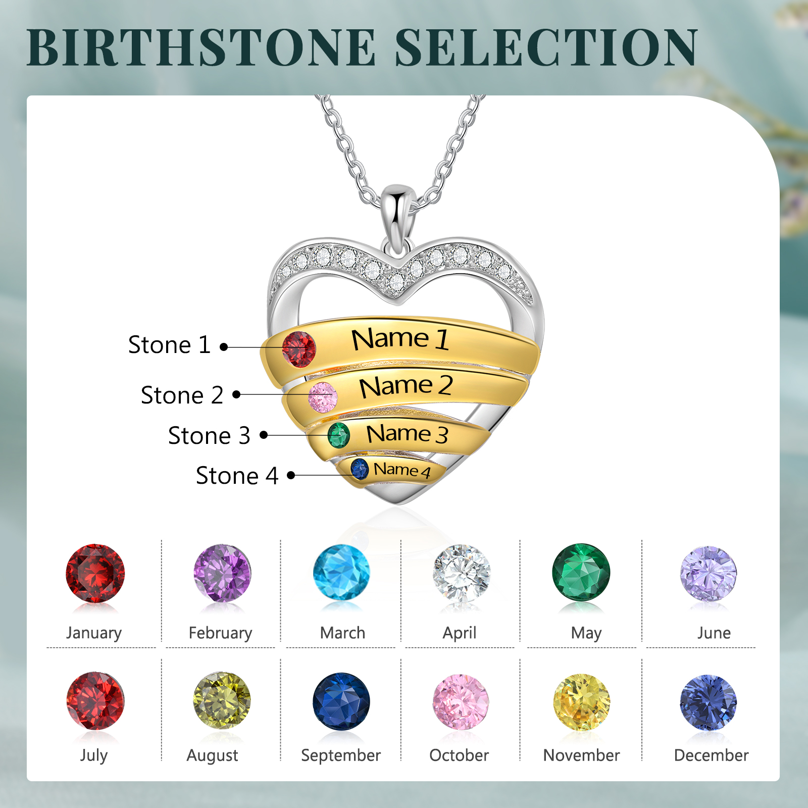 4 Names - Personalized Beautiful Heart Necklace with Custom Name and Birthstone, As a Mother's Day Gift for Mom