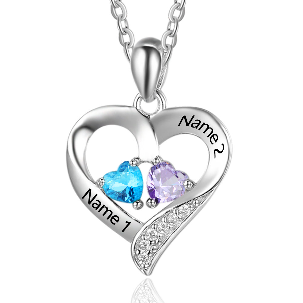 Personalized Heart Necklace With Names Custom 2 Birthstones Gifts For Women