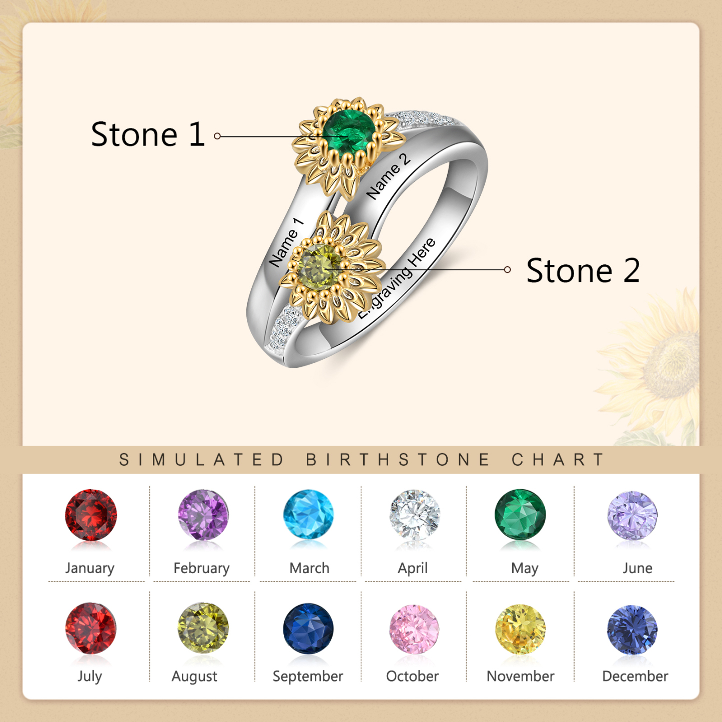 Personalized Sunflower Ring With 2 Birthstones Engraved Names Ring Gift For Women | Jessemade