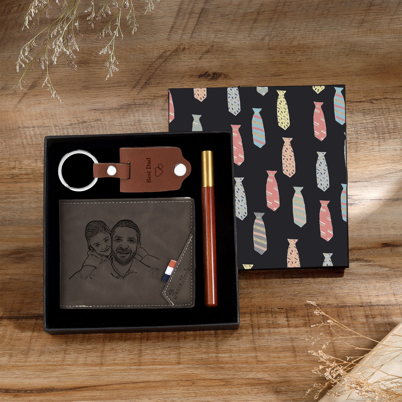 Personalized Leather Wallet Gift Box Set with Keychain Customizable Photo,Text ,Name and Letter Wallet Gift for Him