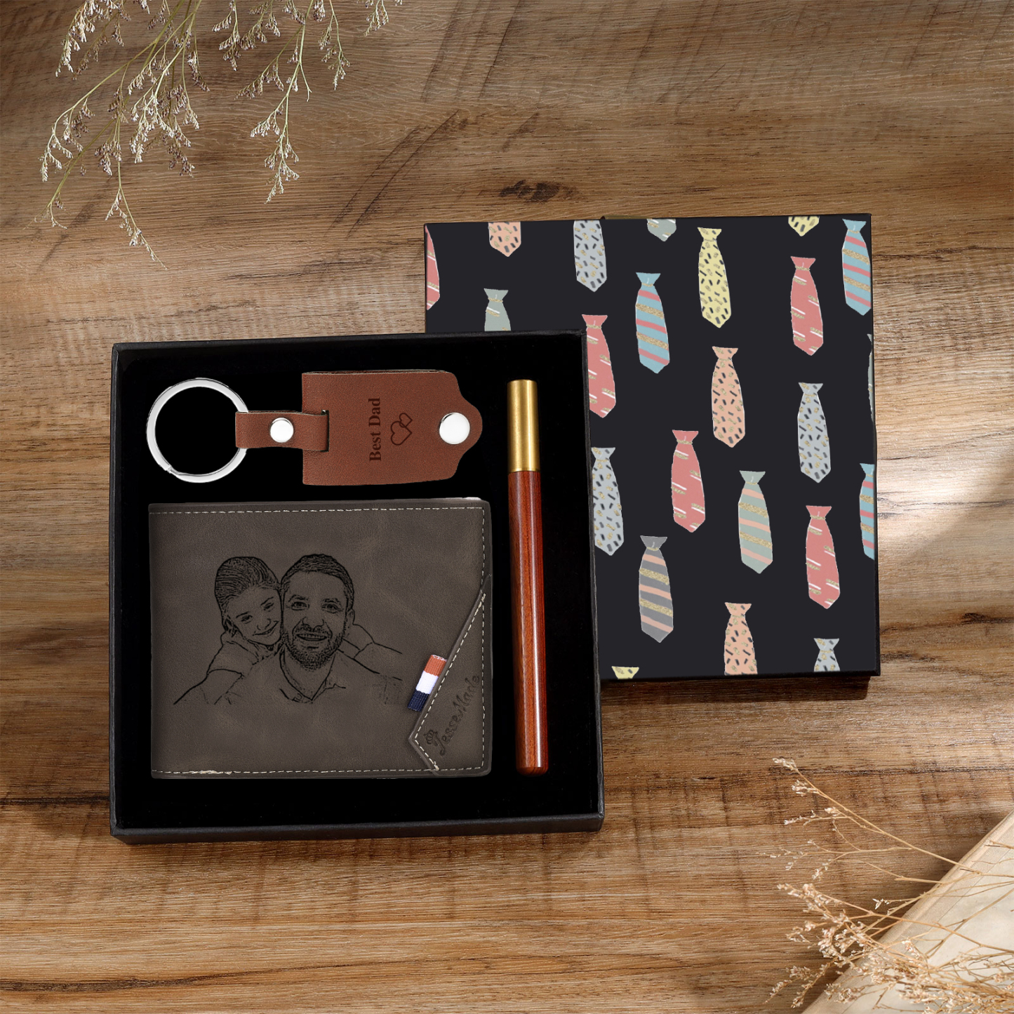 Personalized Leather Wallet Gift Box Set with Keychain Customizable Photo,Text ,Name and Letter Wallet Gift for Him