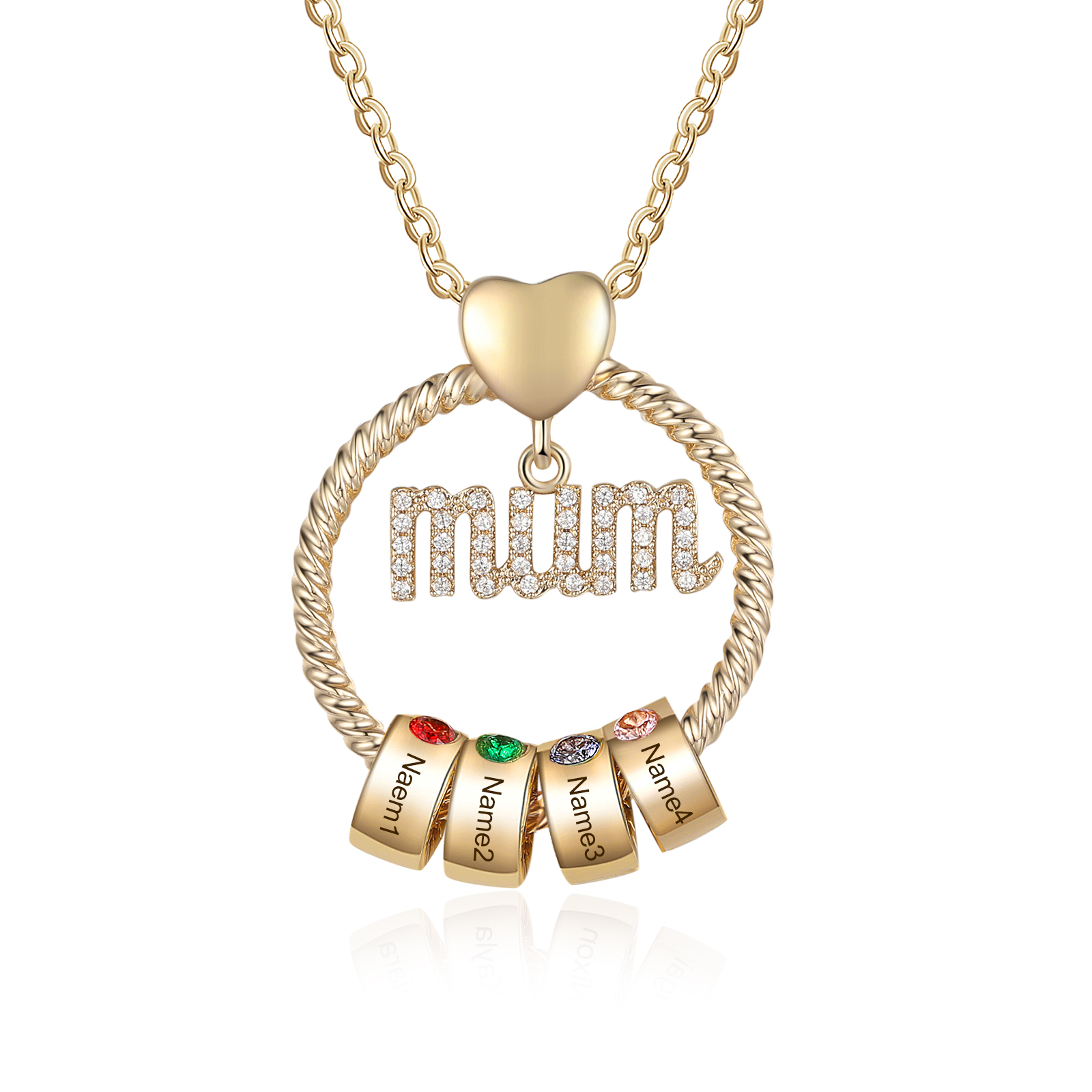 Personalized Circle Necklace With 4 Birthstones Pendant Engraved Names Gift For Mum