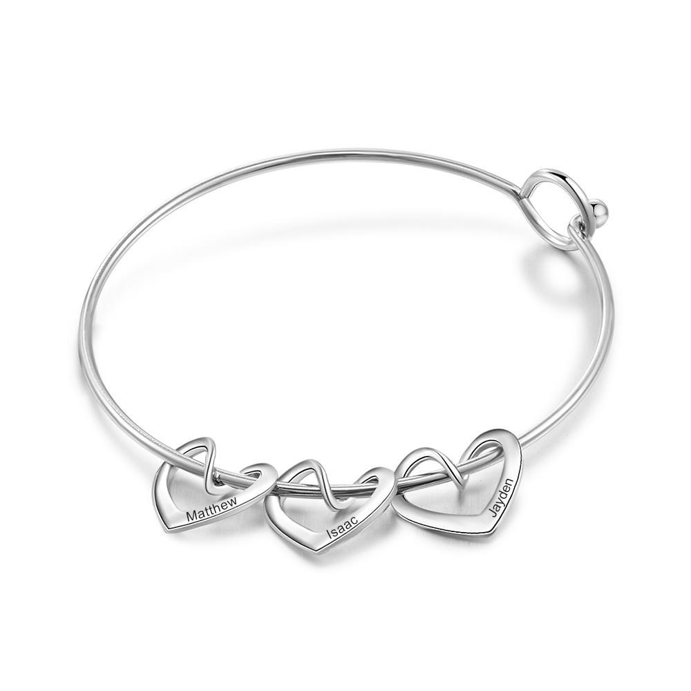 3 Names-Personalized Love Bracelet with 3 Heart Charms Engraved Name Bangle Bracelet
