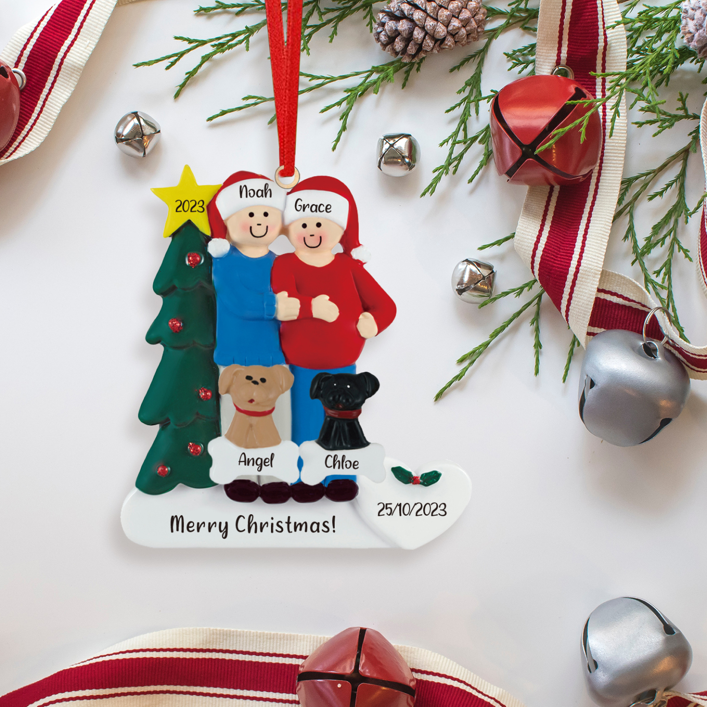 4 Names-Personalized Family Wooden Christmas Xmas Tree Decoration Ornament-Custom 4 Names And Dates Hanging Ornament Gifts For Family