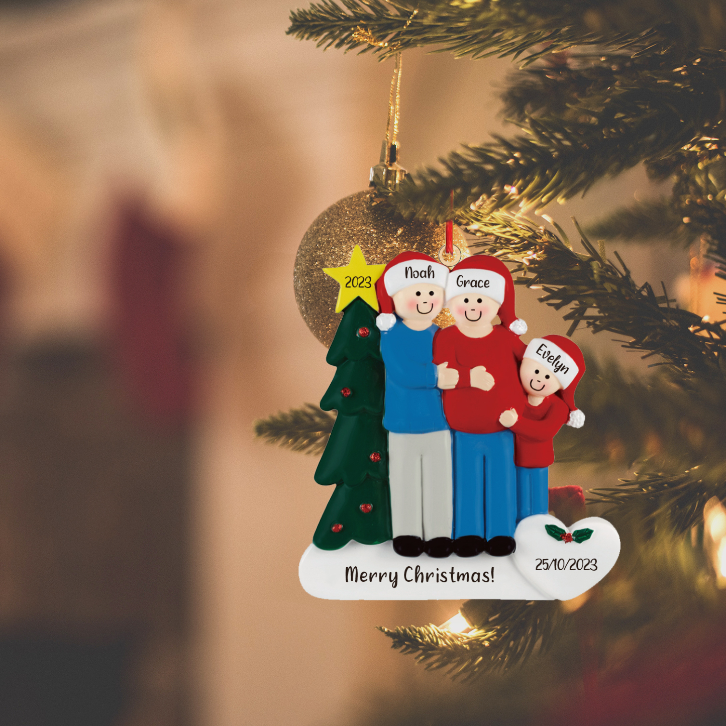 3 Names-Personalized Family Wooden Christmas Xmas Tree Decoration Ornament-Custom 3 Names And Dates Hanging Ornament Gifts For Family