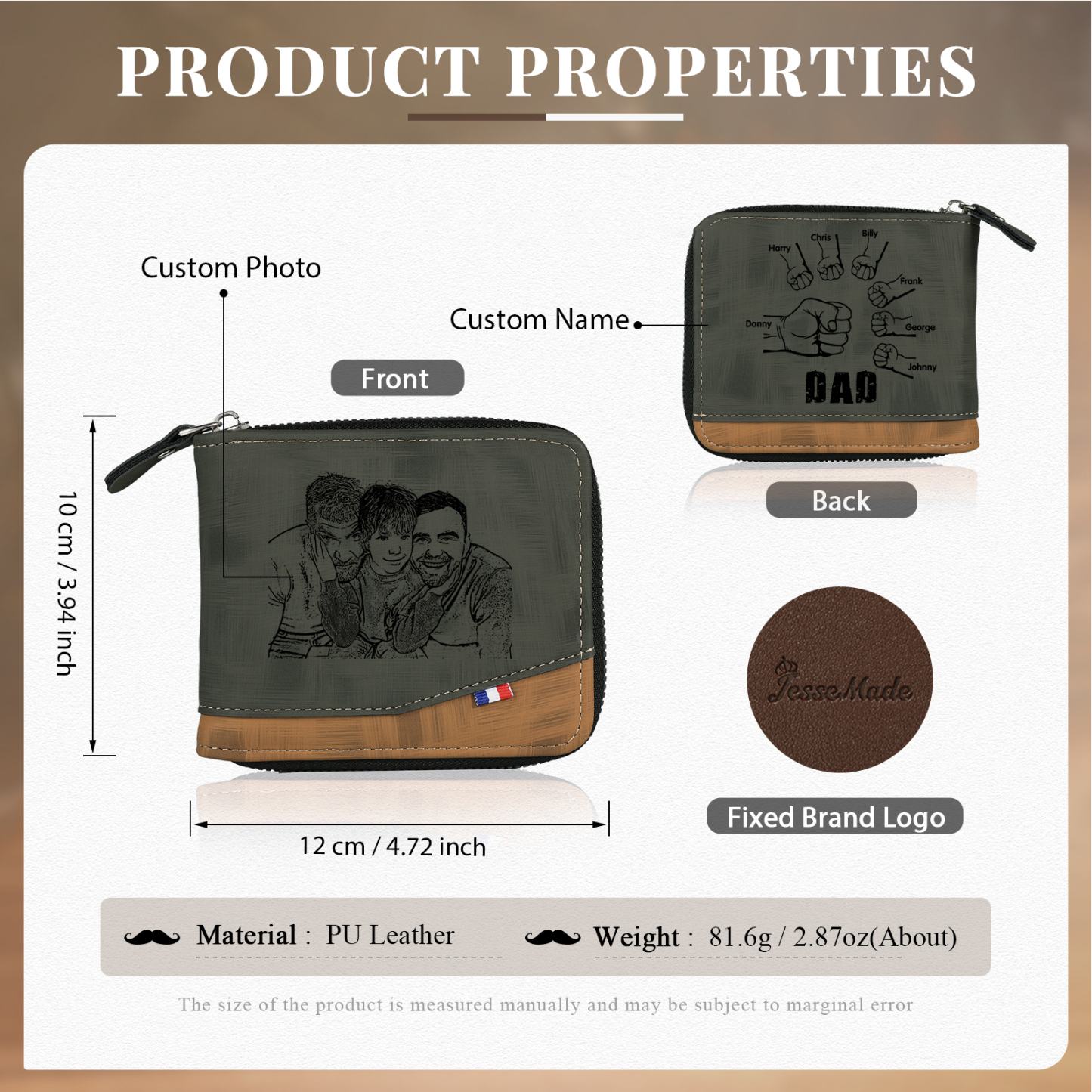 7 Names - Personalized Photo Custom Leather Men's Zipper Wallet as a Father's Day Gift for Dad