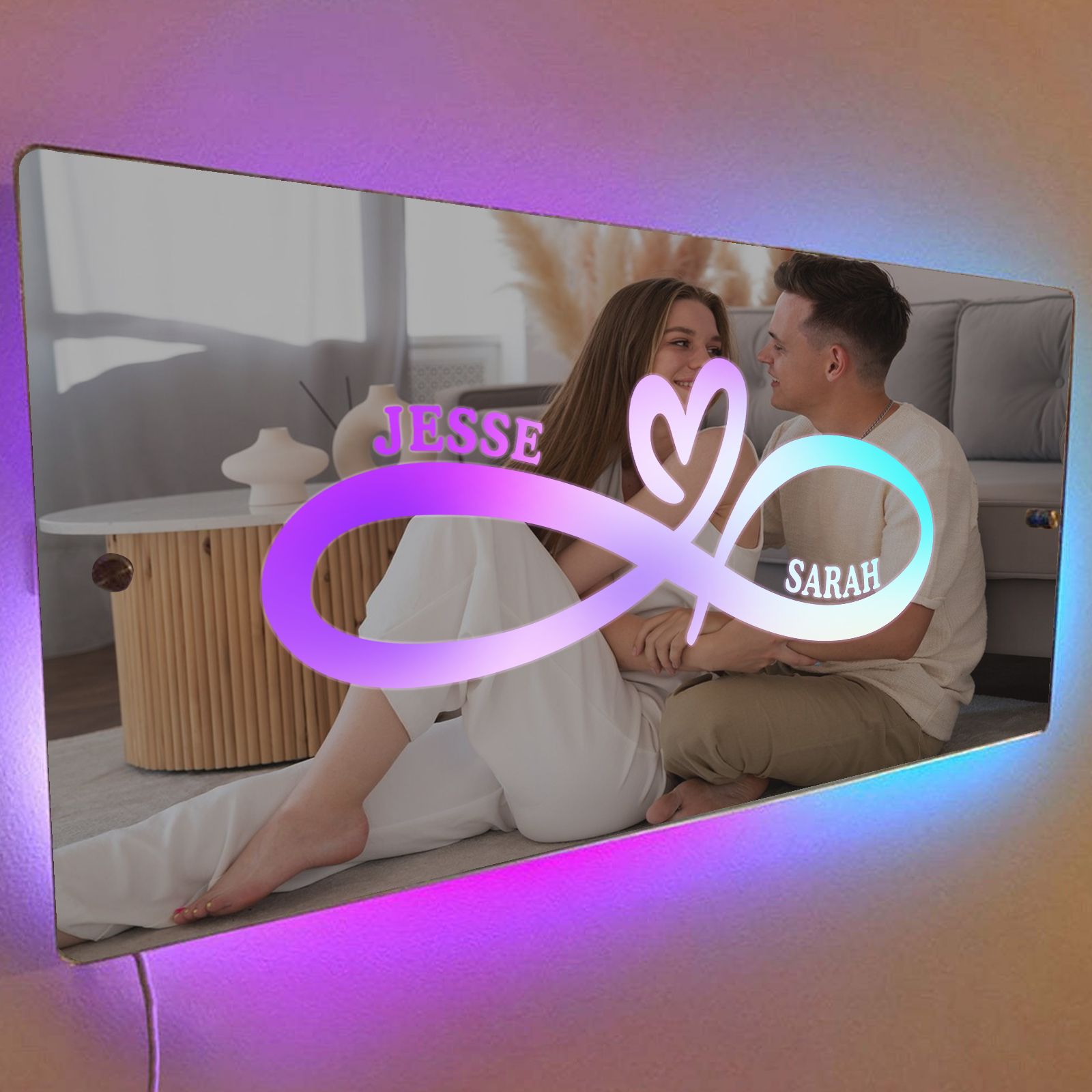 Personalized 2 Names Couple Name Mirror Led Light Custom Luminous Mirror Hanging Decoration Bedroom Gift For Her