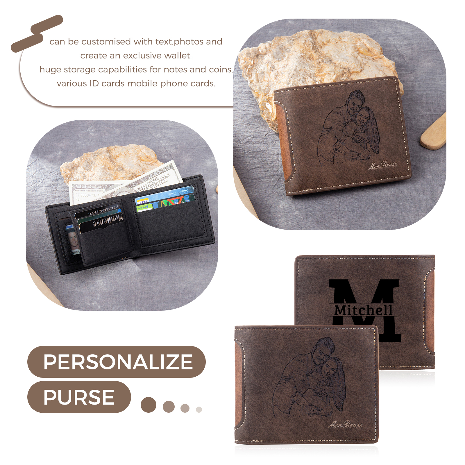 Personalized Leather Folding Wallet With Photo, Name and Letter, Gift For Dad