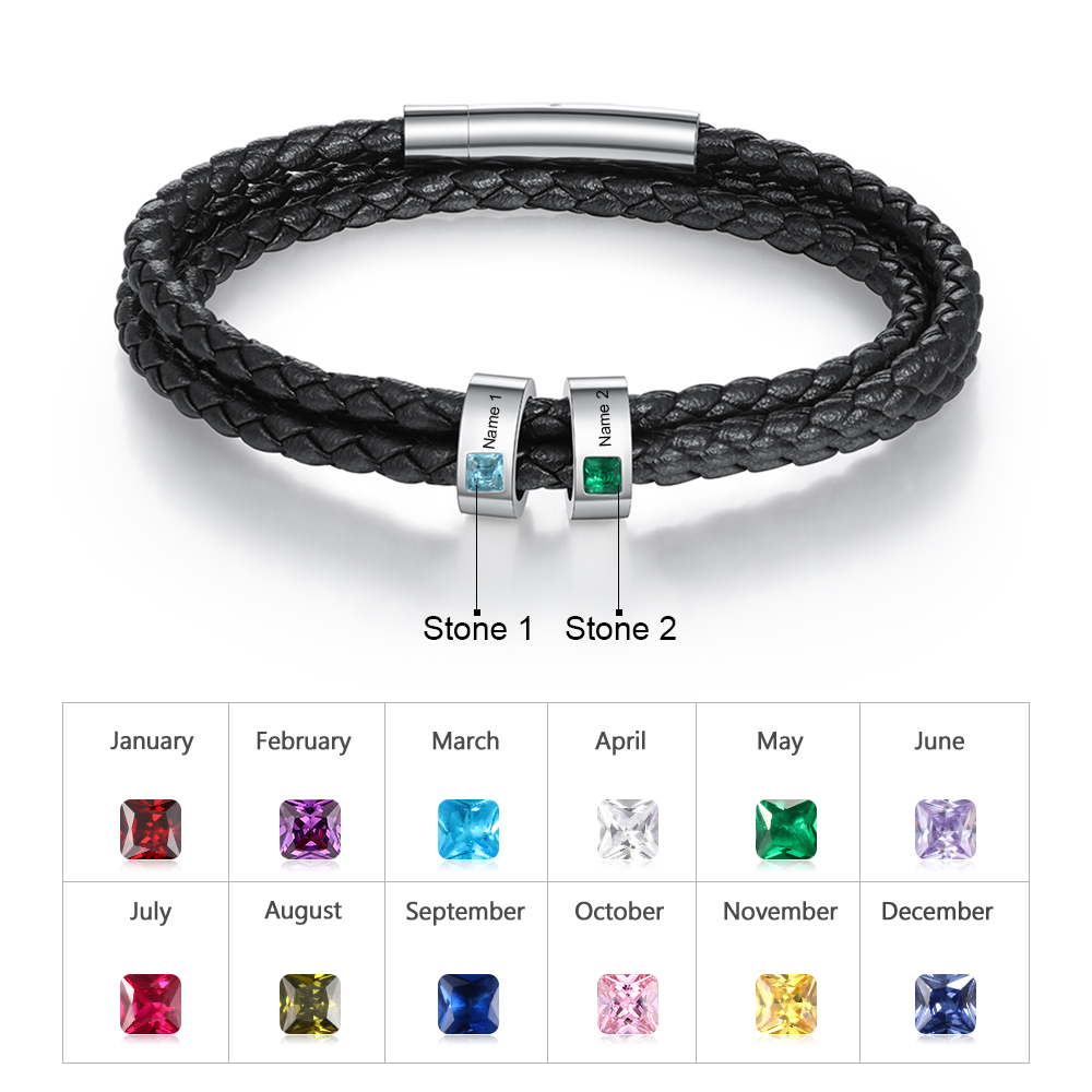 Personalized 3 Layer Leather Bracelet with 2 Beads Engraved Names Men's Bracelets for Him