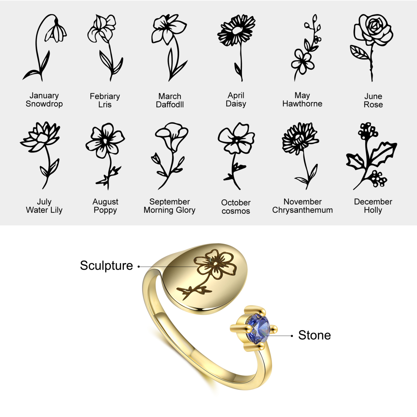 Personalized 1-12 Month Birth flower With Birthstone Open Rings For Women