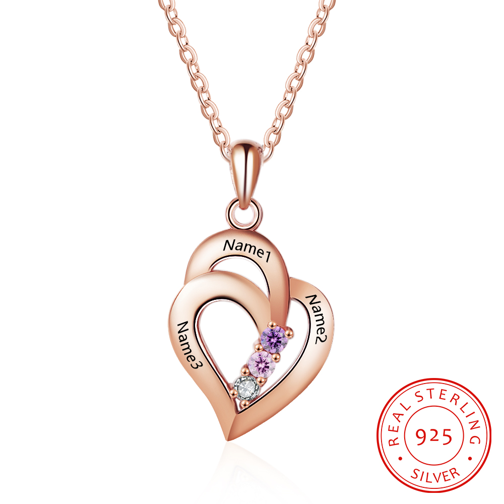 Personalized Heart S925 Necklace With 3 Birthstones Engraved Names Gift For Her