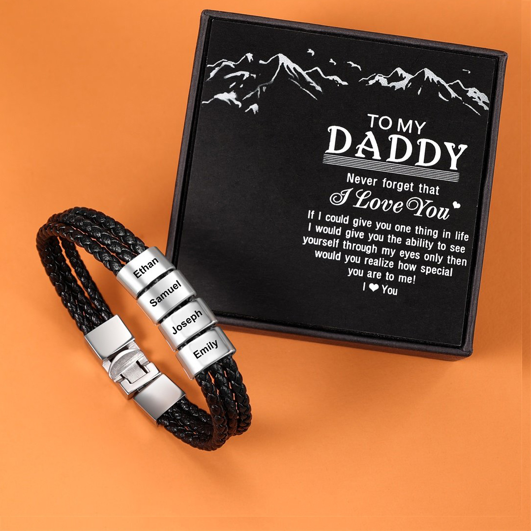 Personalized Braided Leather Bracelet Engraved 4 Names Men's Bracelet Gifts For Him
