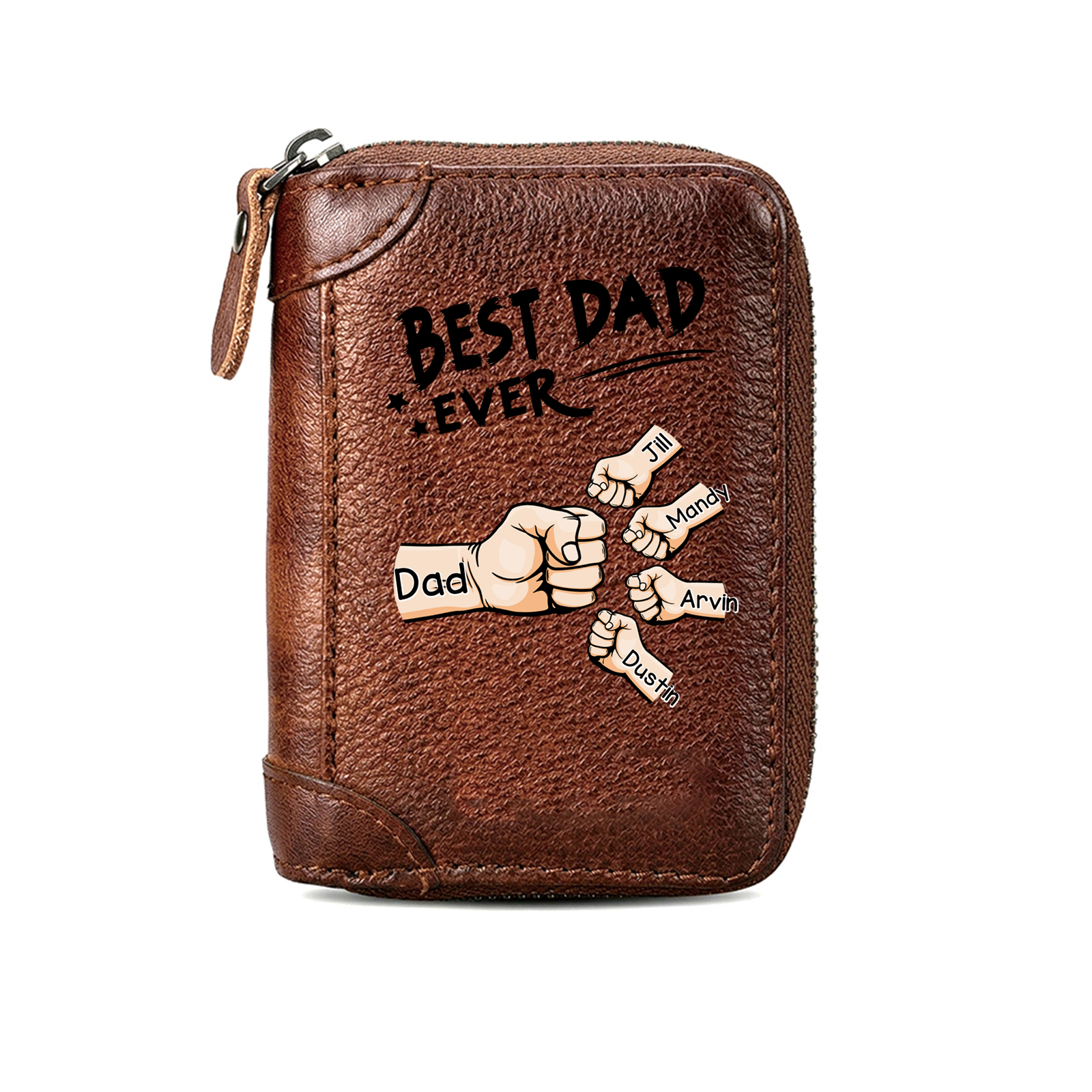 Personalized Genuine Leather Card Holder Custom with 1–6 Names and Fists Zippered Wallet for the Best Dad Grandpa