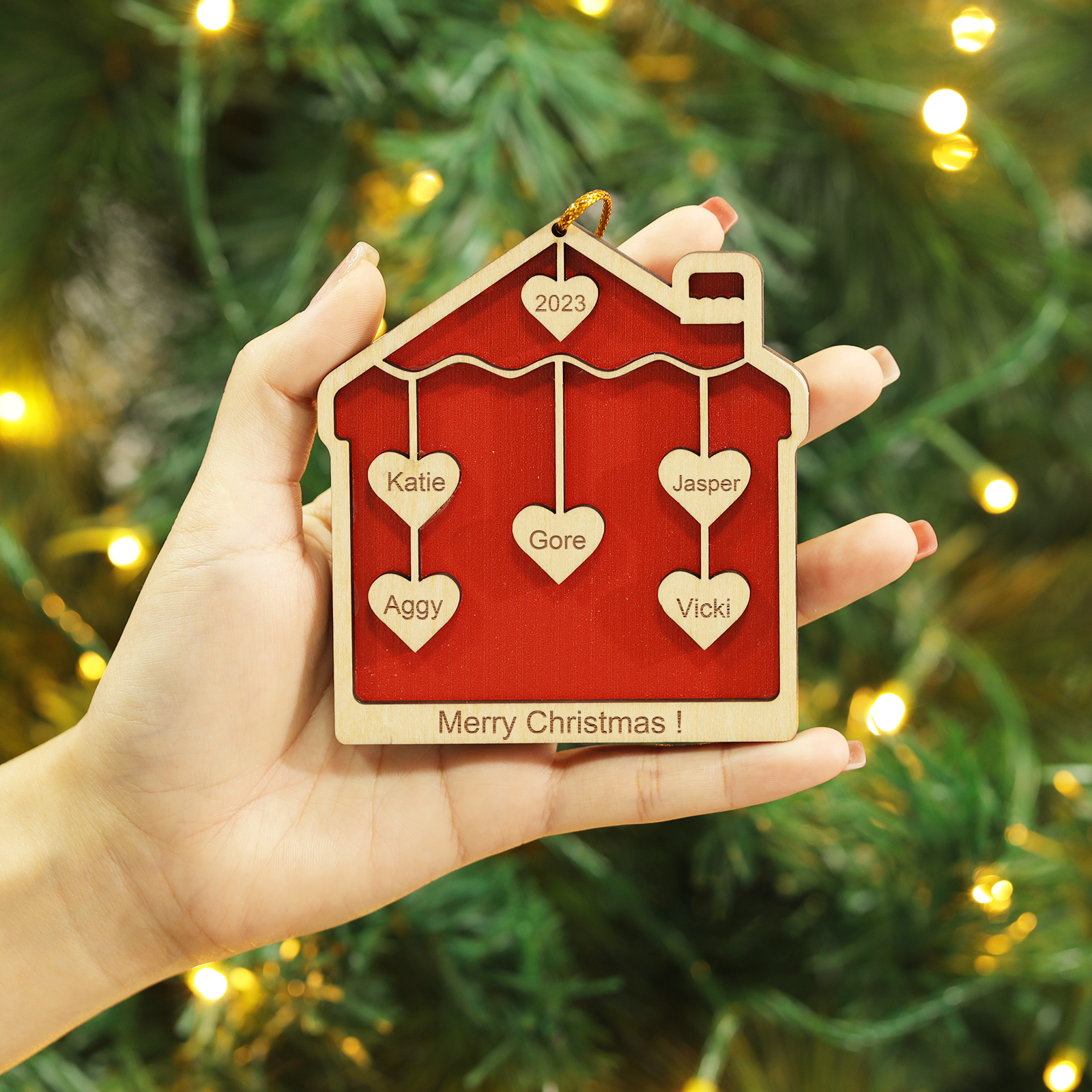 5 Names-Personalized Family Wooden Christmas Xmas Tree Decoration Ornament-Custom 5 Names And Year Hanging Ornament Gifts For Family